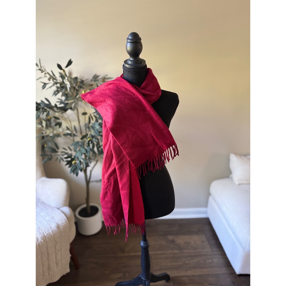 RedEnvelope 100% Cashmere Scarf Solid Red Fringe Trim Wrap 66x12 Luxury Winter